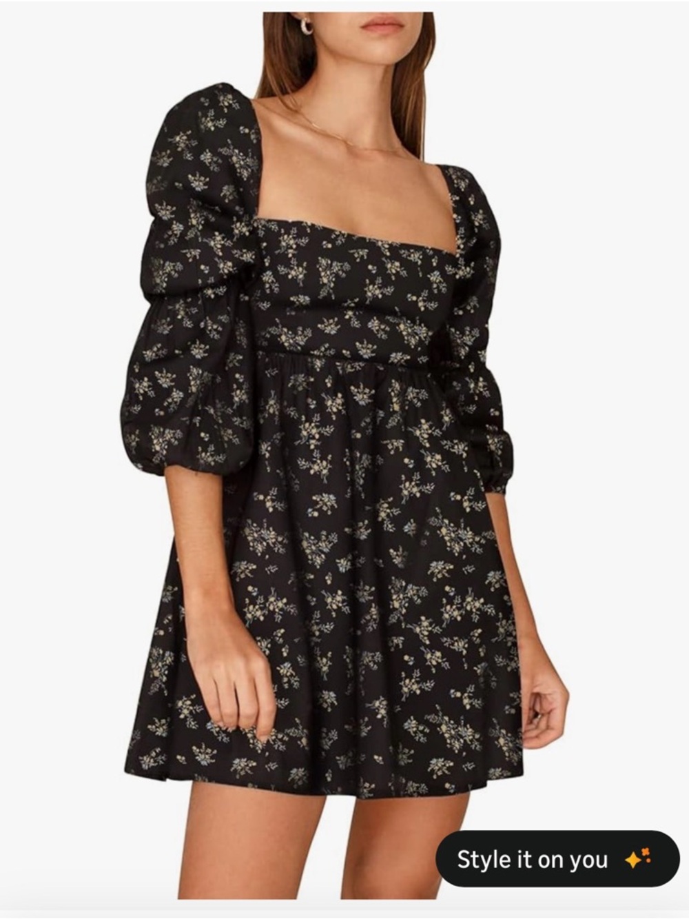 Black Floral Long-Sleeve Square-Neck Baby Doll Puffed Sleeves Mini Dress
